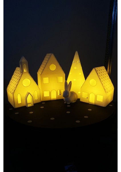Luxury Kış Evleri Seti 5 Parça Dekoratif Hediyelik Beyaz Evler Tealight Mum ( 1 Adet Mum ) 1 Adet