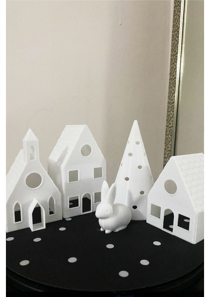 Luxury Kış Evleri Seti 5 Parça Dekoratif Hediyelik Beyaz Evler Tealight Mum ( 1 Adet Mum ) 1 Adet modelleri