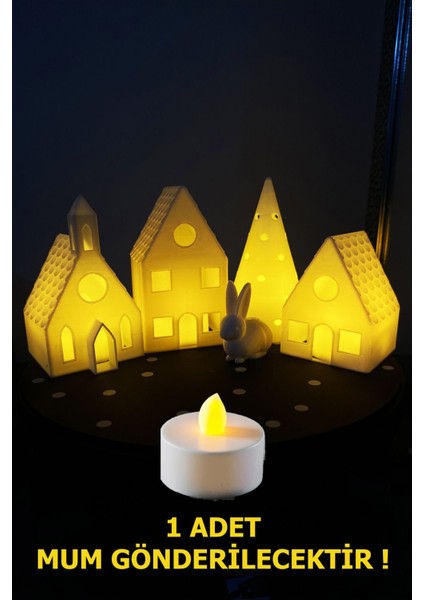 Luxury Kış Evleri Seti 5 Parça Dekoratif Hediyelik Beyaz Evler Tealight Mum ( 1 Adet Mum ) 1 Adet indirimleri
