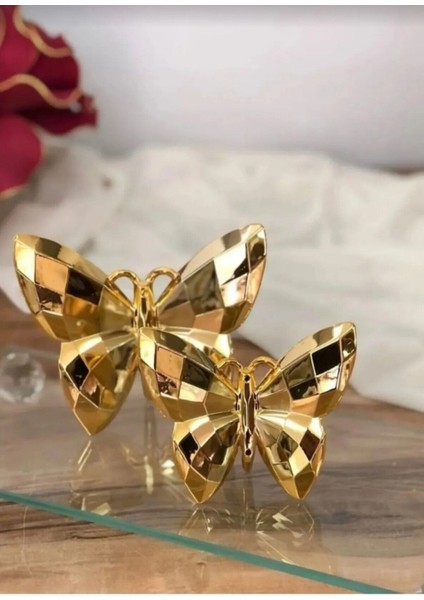 Luxury Dekoratif 2 Li Kelebek Obje Gold Şık Ev Dekorasyonu 1 Adet