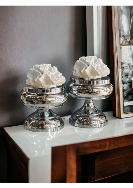 Luxury Dekoratif 2'li Mercan Ayaklı Kutu & Obje Gümüş / Beyaz 1 Adet