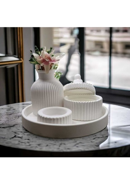 Luxury Beyaz Renk Özel Tasarım Vazo Oval Tepsi / Tealight Mumluk Dekorasyon Seti Yılbaşı 1 Adet