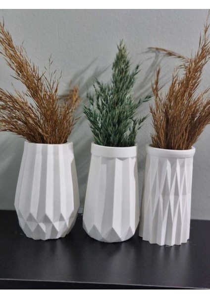 Luxury 3 Lü Beyaz Geometrik Vazo Seti | Modern Dekoratif Masa Üstü ve Salon Aksesuarı 1 Adet