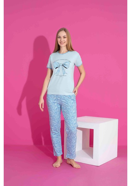 Tarp Mavi Fiyonk Baskılı Anne Pijama Takımı 2974-M