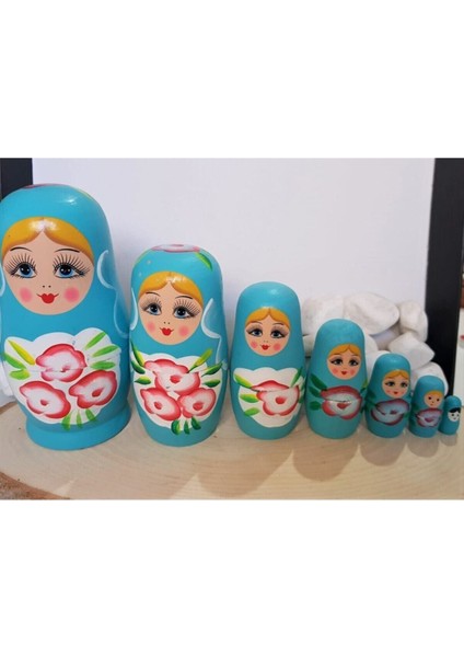 Luxury 7li Iç Içe Geçen Ahşap Turkuaz Matruşka Bebek 1 Adet