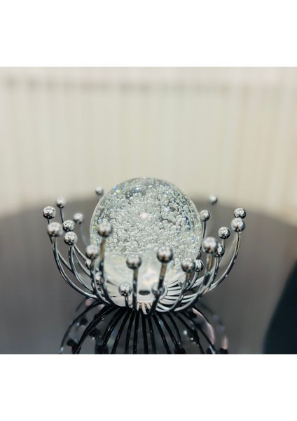 Luxury Dekoratif Metal Damlalı Cam Küre Gümüş Obje 1 Adet