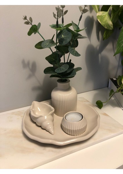 Luxury Dekoratif El Yapımı Bej Renk Obje Seti Pampas Vazosu,deniz Kabuğu,bulut Tabak,mumluk 1 Adet