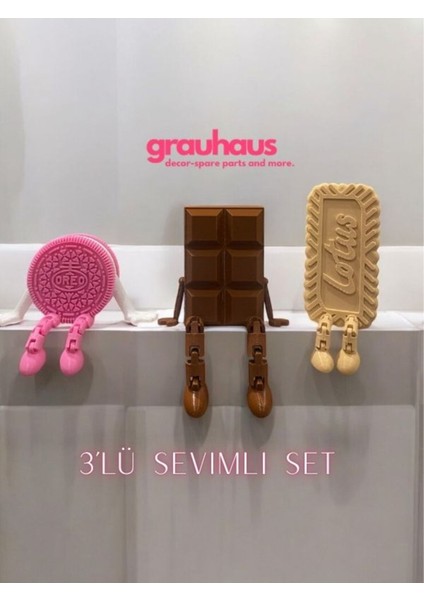 Luxury Sevimli Kahve Köşesi 3 Lü Biblo Seti - Pembe Oreo - Lotus Bisküvi - Belçika Çikolata Tatlı Üçlü Set 1 Adet