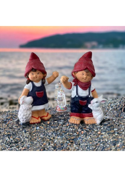 Luxury Bahçe Heykel Biblo Fenerli Cüce 2li Set Dekoratif Aydınlatmali Obje 1 Adet
