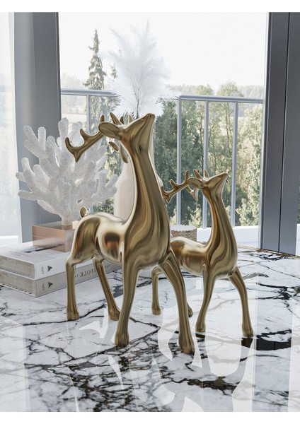 Luxury Geyik Biblo Set 25 cm ve 18 Cm| Premium Ev Aksesuarı | Birincı Sınıf Malzeme | Antik Gold 1 Adet