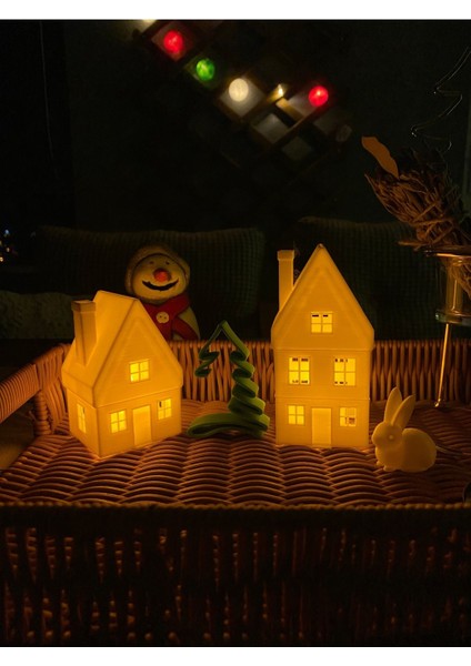 Luxury Kış Evleri Çam Ağaç Dekorlu 3lü Set Tealight Mumluk Noel Ev Set Tealight Mum ve Tavşan Hediyeli 1 Adet