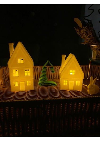 Luxury Kış Evleri Çam Ağaç Dekorlu 3lü Set Tealight Mumluk Noel Ev Set Tealight Mum ve Tavşan Hediyeli 1 Adet