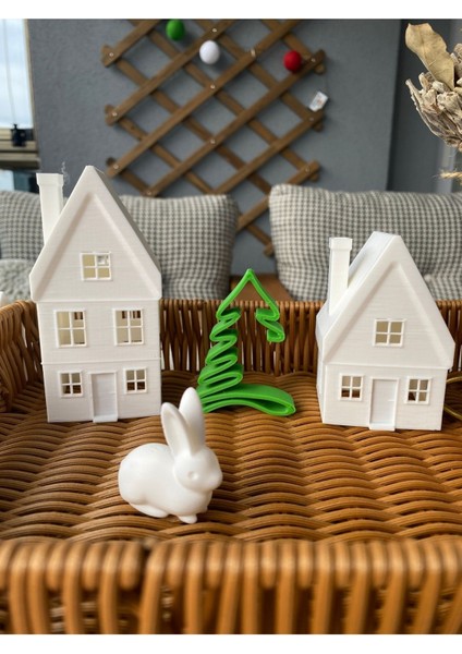 Luxury Kış Evleri Çam Ağaç Dekorlu 3lü Set Tealight Mumluk Noel Ev Set Tealight Mum ve Tavşan Hediyeli 1 Adet