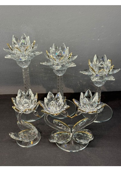 Luxury Dekoratif Kristal Cam Beşli Lotus ve Kuğulu Şamdan Set Gold 1 Adet