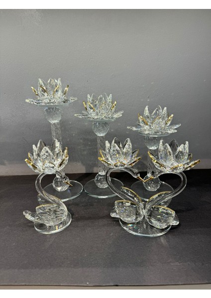 Luxury Dekoratif Kristal Cam Beşli Lotus ve Kuğulu Şamdan Set Gold 1 Adet fiyatları