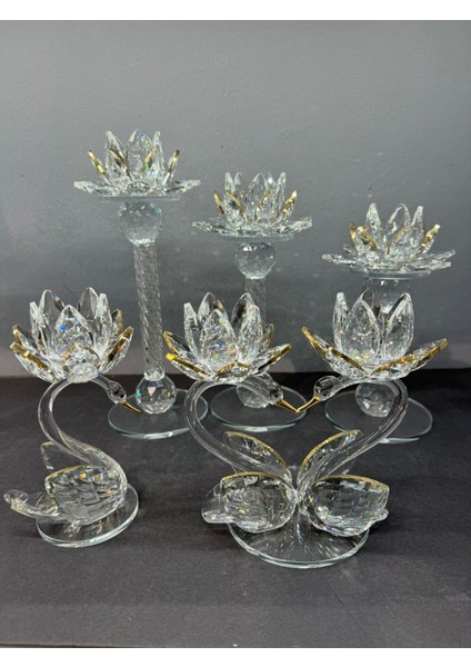 Luxury Dekoratif Kristal Cam Beşli Lotus ve Kuğulu Şamdan Set Gold 1 Adet modelleri