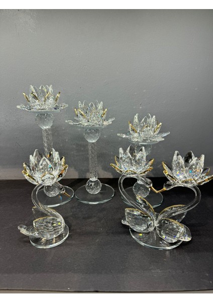 Luxury Dekoratif Kristal Cam Beşli Lotus ve Kuğulu Şamdan Set Gold 1 Adet fırsatları