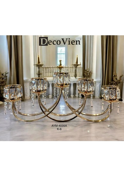 Luxury 5 Kollu Büyük Kristal Taşlı Şamdan & Dekoratif Obje (AYM405A) 1 Adet