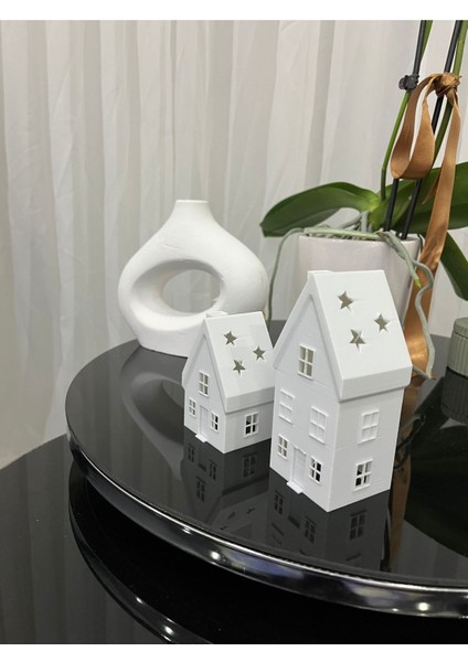 Luxury 2'li Set Kış Evi, Noel Evi, Yılbaşı Evi Temalı Dekoratif Süs ve Obje, Tealight LED Mumlar Dahil 1 Adet modelleri