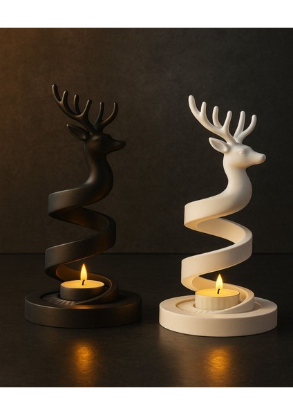 Luxury Dekoratif Spiral Geyik Şamdan – Siyah & Beyaz Minimalist Tealight Mumluk Seti Minimal Ev Dekoru 1 Adet