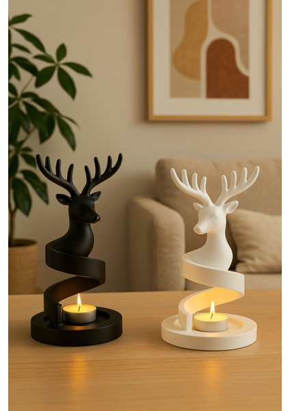 Luxury Dekoratif Spiral Geyik Şamdan – Siyah & Beyaz Minimalist Tealight Mumluk Seti Minimal Ev Dekoru 1 Adet