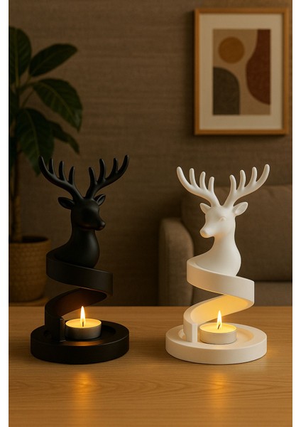 Luxury Dekoratif Spiral Geyik Şamdan – Siyah & Beyaz Minimalist Tealight Mumluk Seti Minimal Ev Dekoru 1 Adet