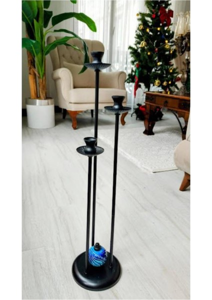 Luxury Üçlü Metal Şamdan Mumluk Mavi Çinili 1 Adet
