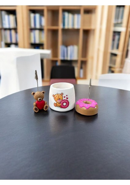 Luxury 3lü Çok Renkli Donut ve Ayıcık Tutacaklı Kalemlik Fotoğraf Not Tutucu Ofis Masası Tutacak Hediyelik 1 Adet
