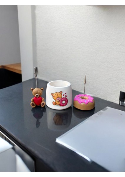 Luxury 3lü Çok Renkli Donut ve Ayıcık Tutacaklı Kalemlik Fotoğraf Not Tutucu Ofis Masası Tutacak Hediyelik 1 Adet