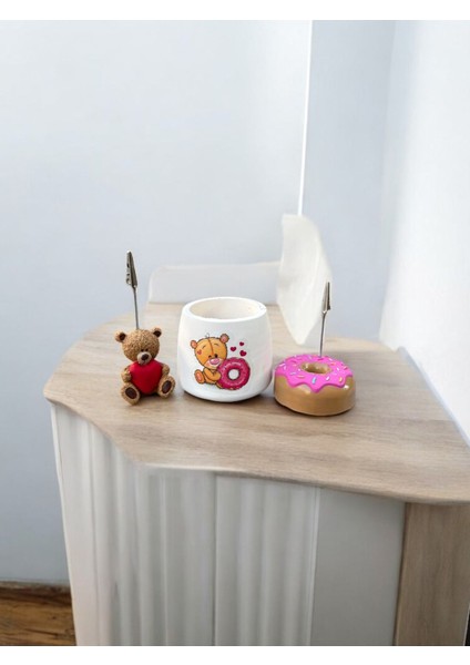 Luxury 3lü Çok Renkli Donut ve Ayıcık Tutacaklı Kalemlik Fotoğraf Not Tutucu Ofis Masası Tutacak Hediyelik 1 Adet