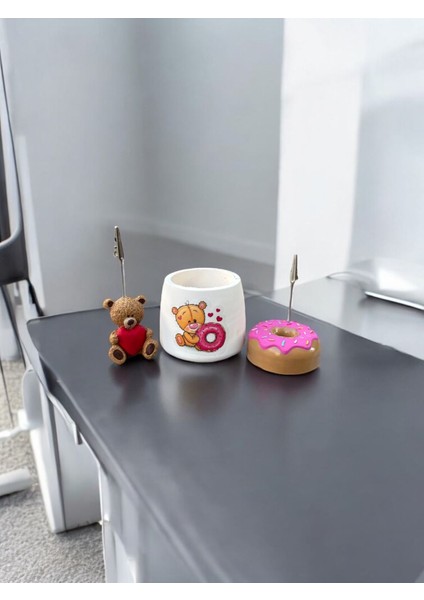 Luxury 3lü Çok Renkli Donut ve Ayıcık Tutacaklı Kalemlik Fotoğraf Not Tutucu Ofis Masası Tutacak Hediyelik 1 Adet
