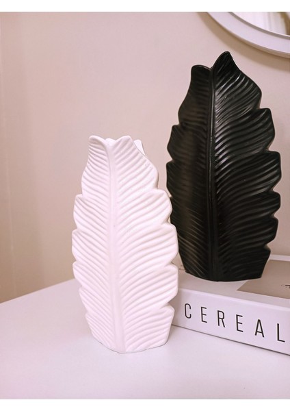 Luxury 2'li Dekoratif Yaprak Vazo Seti, Modern Tasarım Obje (Siyah-Beyaz) 1 Adet