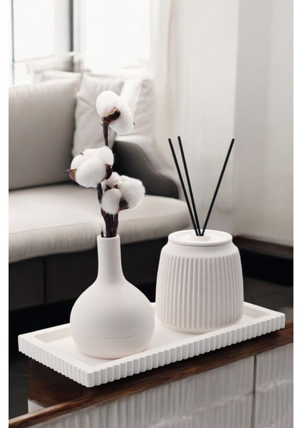 Luxury Büyük Boy 4’lü Dekoratif Beton Set – Beyaz | Vazo, Beton Difüzör Objesi ve Tepsi 1 Adet