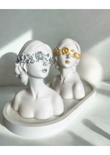 Luxury 2'li Dekoratif Minimal Gözleri Bağlı Kızlar Biblo & Tepsi Seti 1 Adet