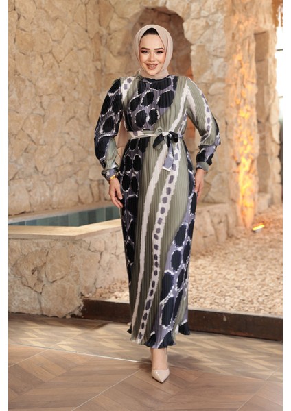 Pileli Desenli Haki Tesettür Elbise 23503HK