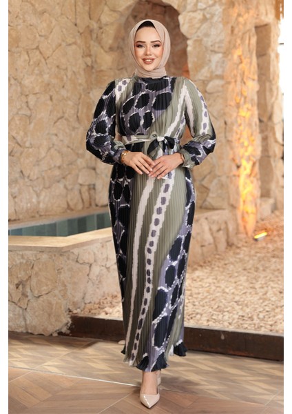 Pileli Desenli Haki Tesettür Elbise 23503HK fiyatları