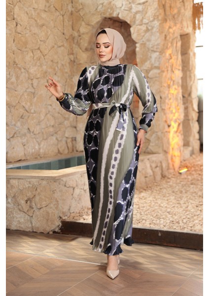 Pileli Desenli Haki Tesettür Elbise 23503HK modelleri