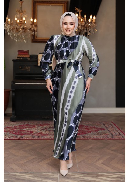 Pileli Desenli Haki Tesettür Elbise 23503HK fırsatları