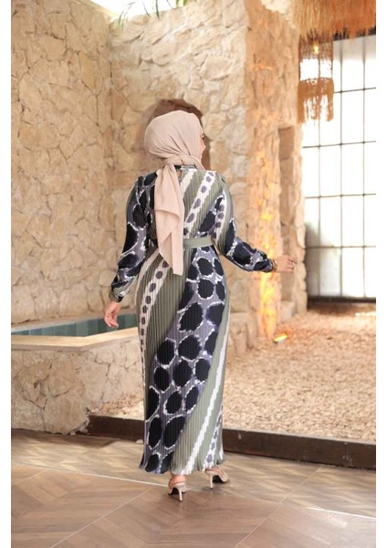 Pileli Desenli Haki Tesettür Elbise 23503HK indirimleri