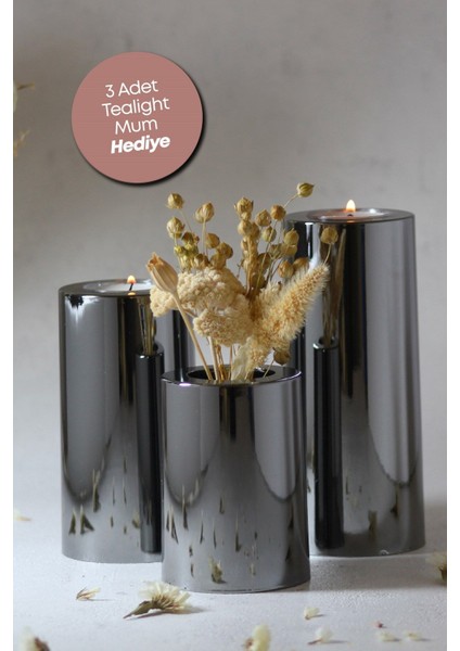 Luxury 3 Lü Füme Krom Parlak Yüzey Mumluk Dekoratif Tealight Set Mum Abs Plastik 1 Adet