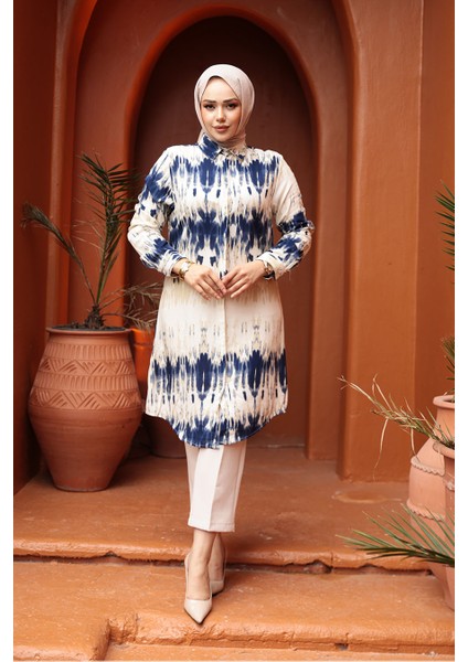 Desenli Lacivert Tesettür Viskon Tunik 11744L