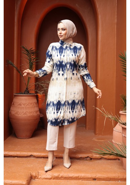 Desenli Lacivert Tesettür Viskon Tunik 11744L fiyatları