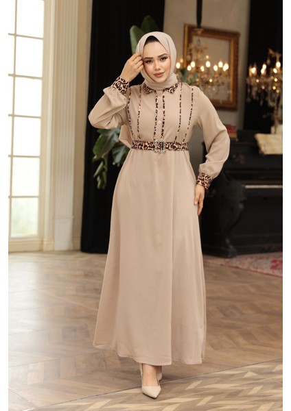 Leopar Detaylı Vizon Tesettür Elbise 10246V