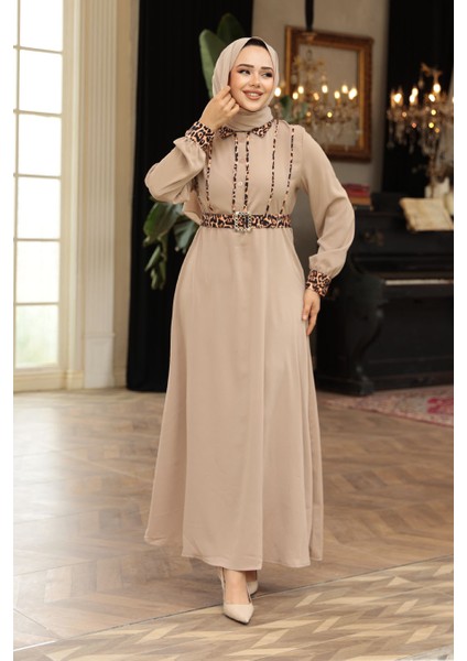 Leopar Detaylı Vizon Tesettür Elbise 10246V fiyatları