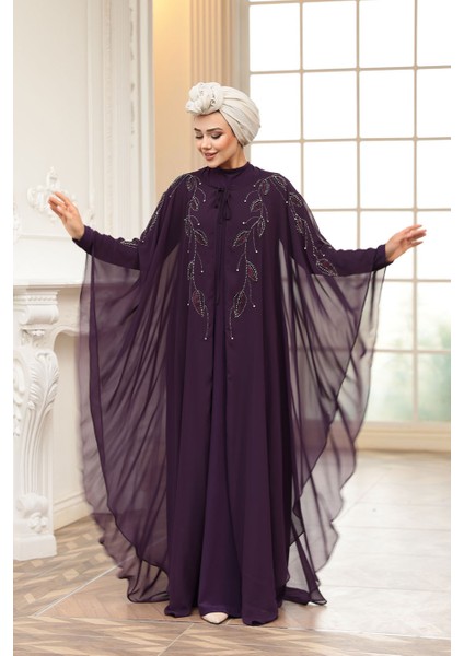 Pelerinli Mor Tesettür Abiye Elbise 25909MOR