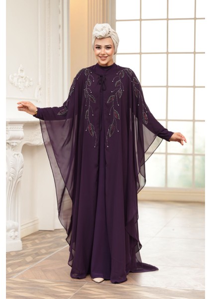 Pelerinli Mor Tesettür Abiye Elbise 25909MOR fiyatları