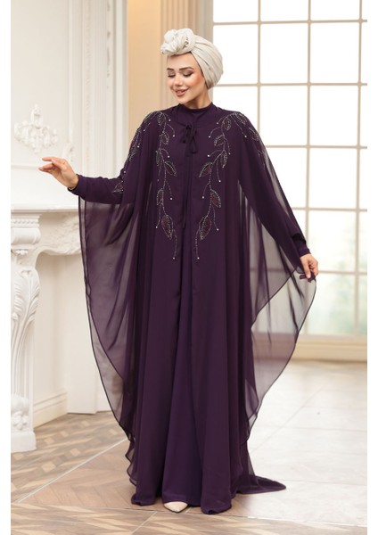 Pelerinli Mor Tesettür Abiye Elbise 25909MOR modelleri