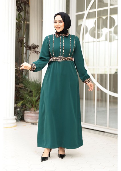 Leopar Detaylı Zümrüt Yeşili Tesettür Elbise 10246ZY