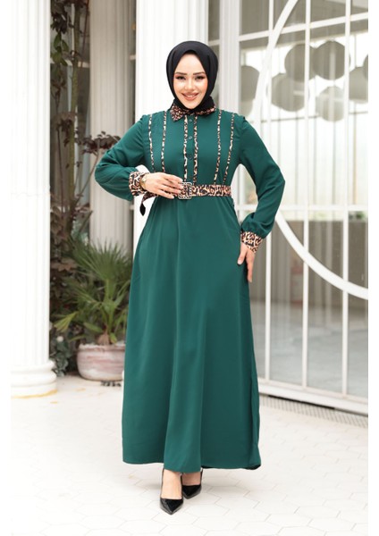 Leopar Detaylı Zümrüt Yeşili Tesettür Elbise 10246ZY fiyatları