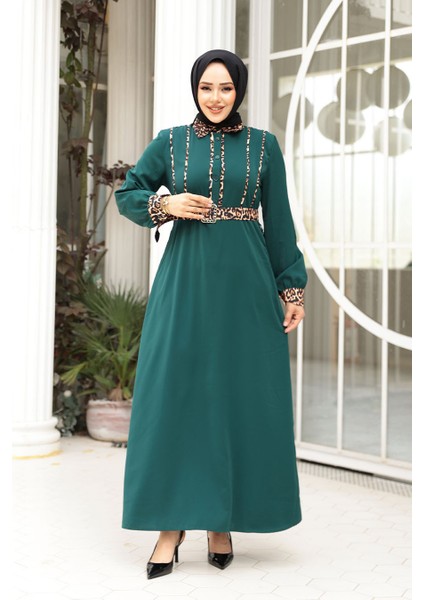 Leopar Detaylı Zümrüt Yeşili Tesettür Elbise 10246ZY modelleri